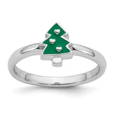 Sterling Silver Rhodium-plated Children's Size 4 Green Enamel Christmas Tree with Hearts Ring